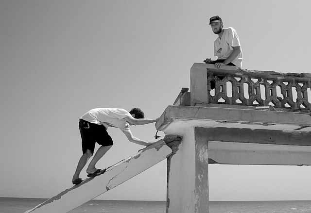 climbing some beach reckage