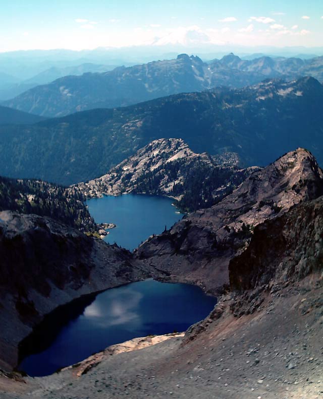 Venus and Spade lakes from summit - Mt. Daniel