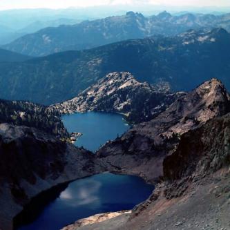 Venus and Spade lakes from summit - Mt. Daniel